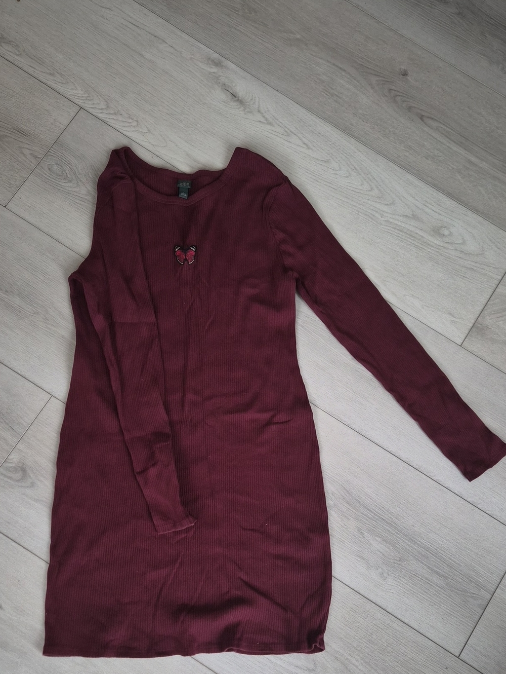 wild fable Burgundy Ribbed Long Sleeve Dress with Butterfly Detail